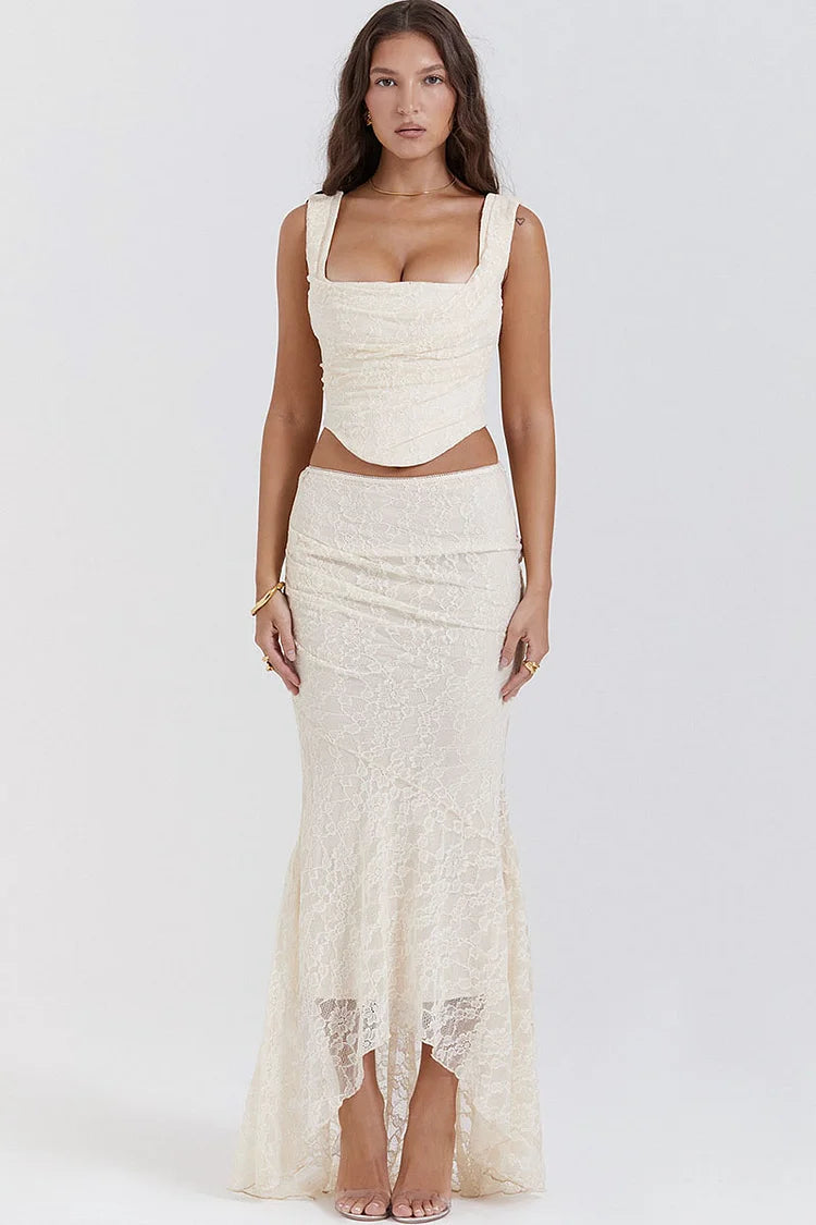 Ruched Crop Tank Top Lace Fishtail Hem Maxi Skirt Matching Set