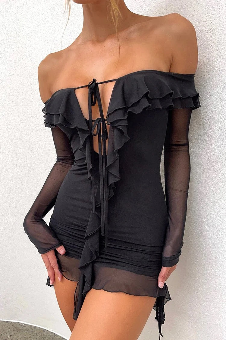 Off Shoulder Long Sleeve Tied Up Ruffle Party Mini Dress