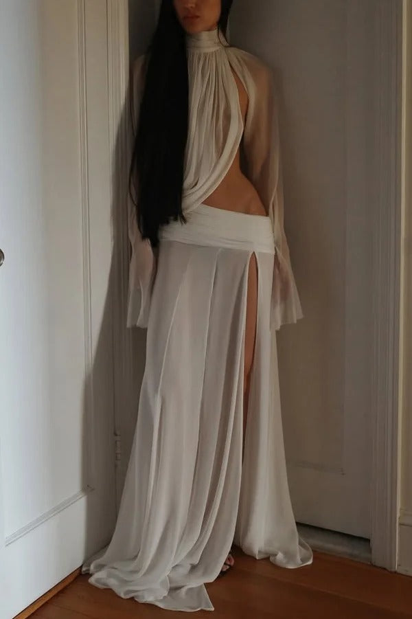 Sexy See-through High-neck Long-sleeved Draped Top and High-waisted Slit Maxi Skirt Vacation Set