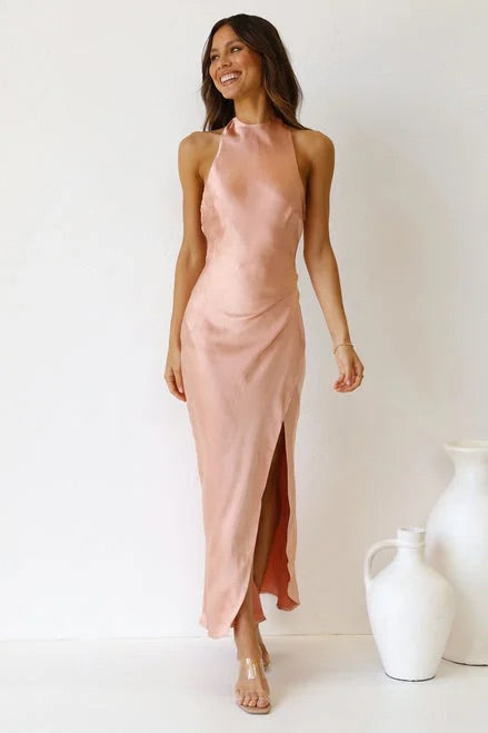 Halterneck Open Back Slit Wedding Maxi Dresses