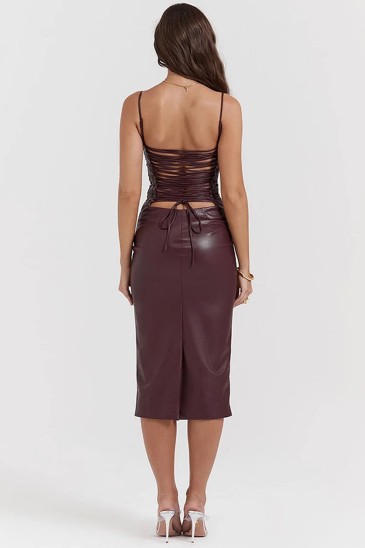 Lace Up Back Cocktail Party Leather Slip Midi Dresses