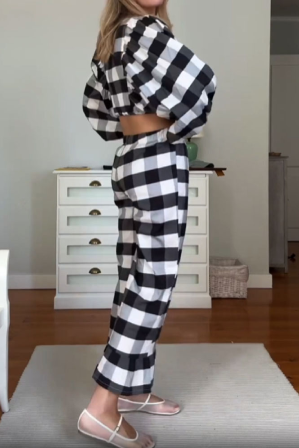 Classic Check V-Neck Top & Pants Two-Piece Set