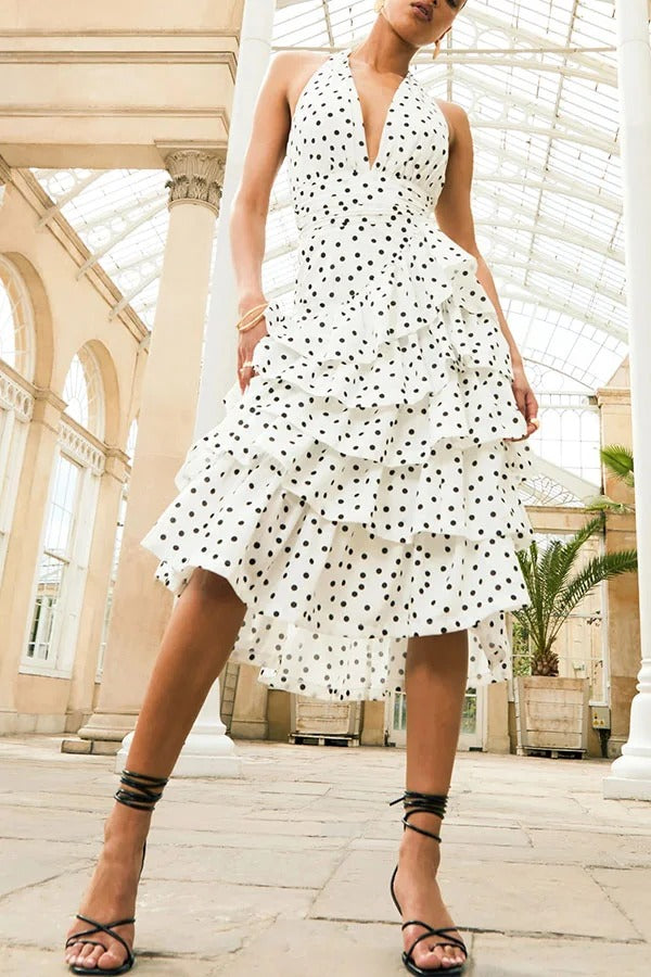 Violet Polka Dot Print Layered Ruffles Halter Tie-up Midi Dress