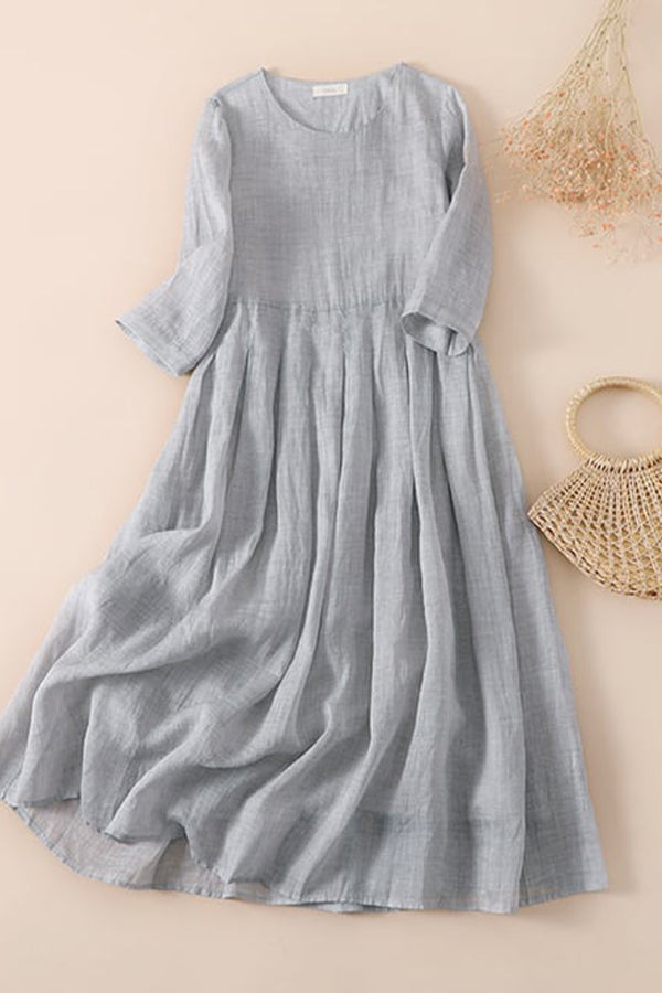 Ramie Solid Loose Pleated Dress