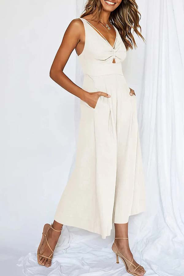 2023 SUMMER V NECK CUTOUT ADJUSTABLE STRAPS WIDE LEG JUMPSUITS