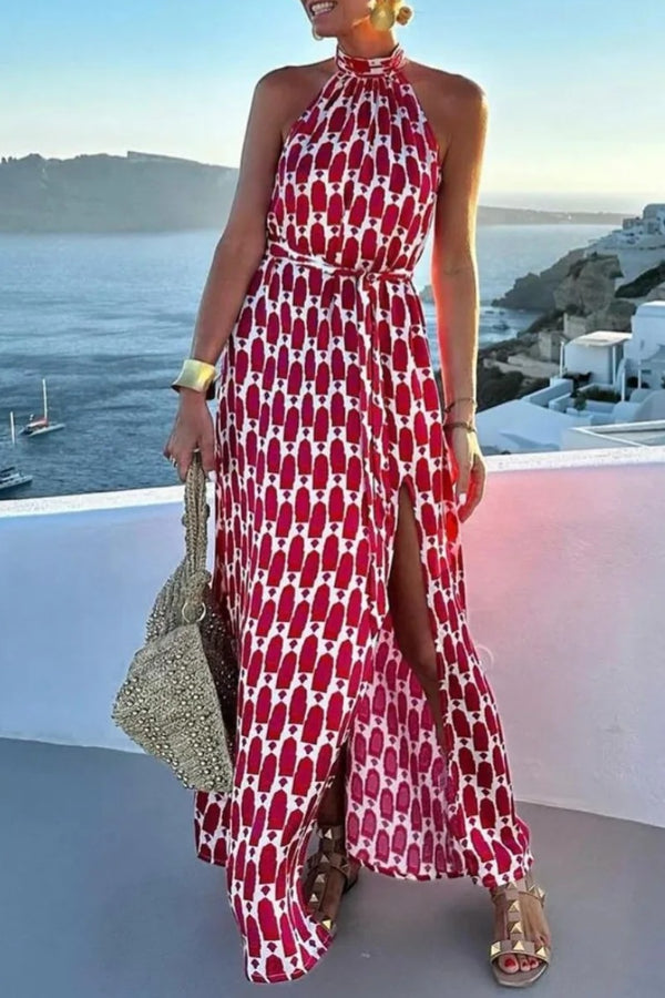 Unique Printed Sleeveless Halterneck Tie-waist Slit Maxi Dress