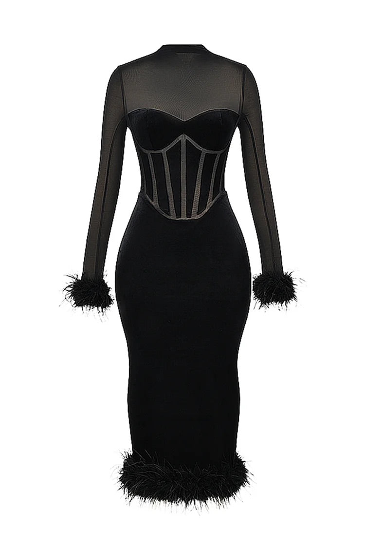 Mesh Patchwork Long Sleeve Feather Cuff Bodycon Cocktail Party Velvet Midi Dresses