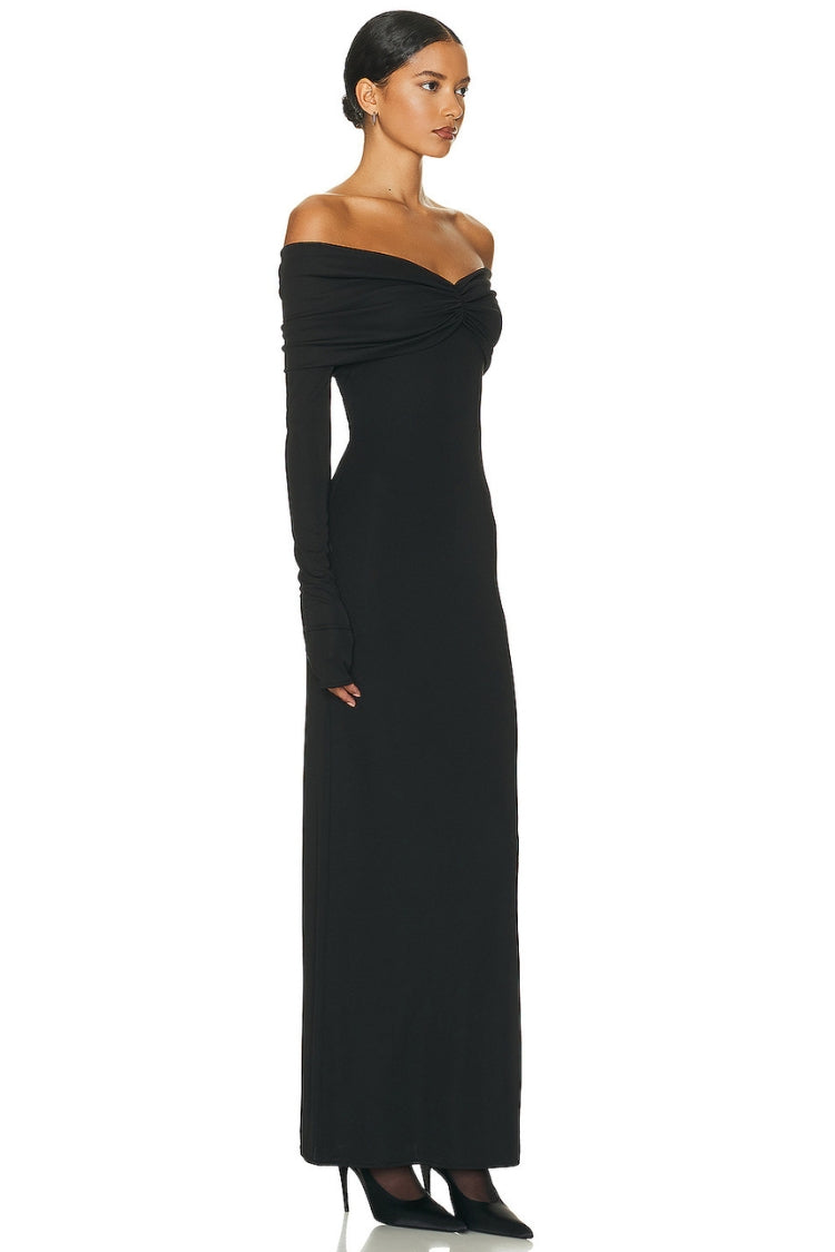 Long Sleeve Off-Shoulder Bandeau Shirred Maxi Dress