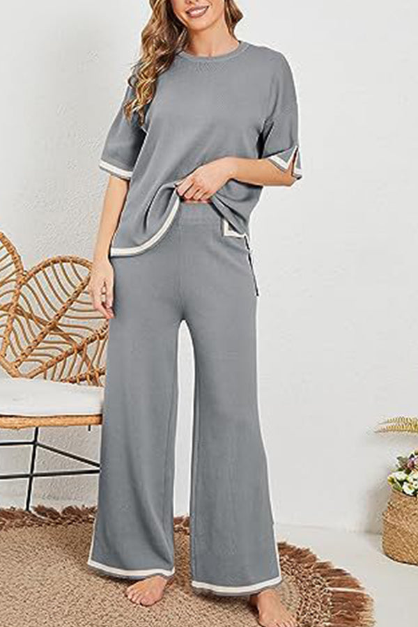 Lounge or Casual Wear Knit Patchwork Color Block Short Sleeve Top and Elastic Wide Leg Pants