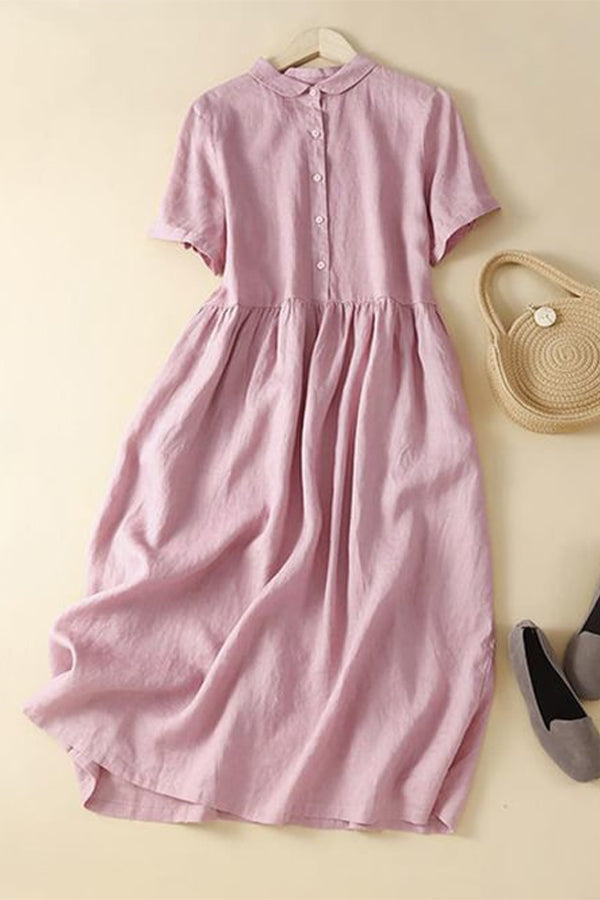 Cotton Linen Short Sleeved Solid Color Casual Dress