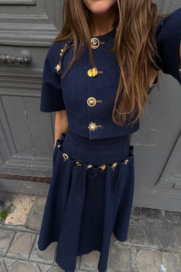 Custom Look Denim Unique Metal Pattern Buttons Lace-up Waist Crisp Hem Maxi Skirt