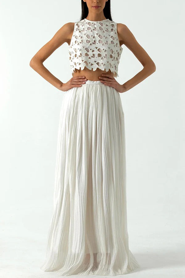 A White Summer Dream Chiffon Pleated High Rise Elastic Waist Maxi Skirt