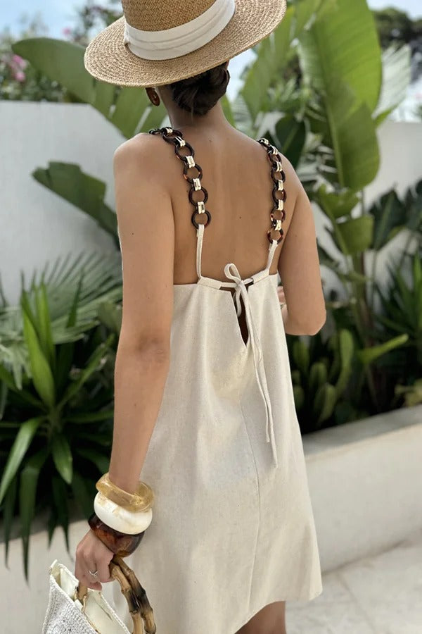Travel Dreams Linen Blend Metal Ring Shoulder Strap H-line Mini Dress