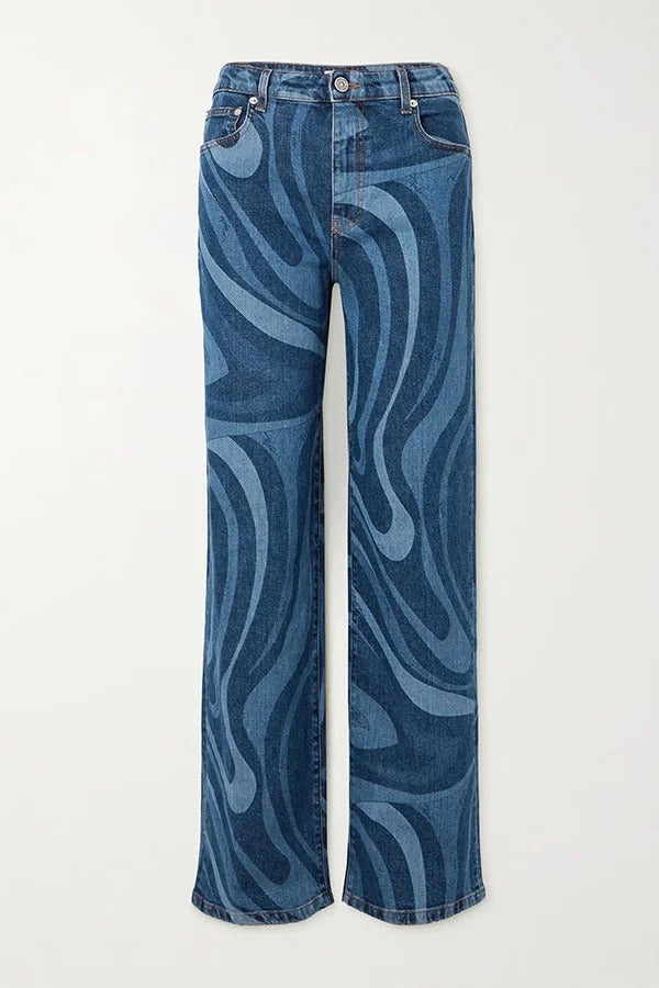 Jaida Swirl Unique Print High Rise Pocket Straight-leg Jeans