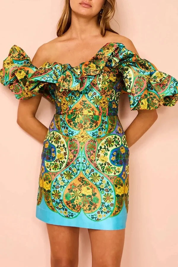 Sofie Satin Unique Paisley Print Cloud Shape Off Shoulder Mini Dress