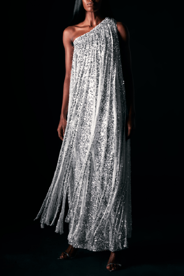 Holiday Muse Sequined Slit Tassels One Shoulder H-line Maxi Dress