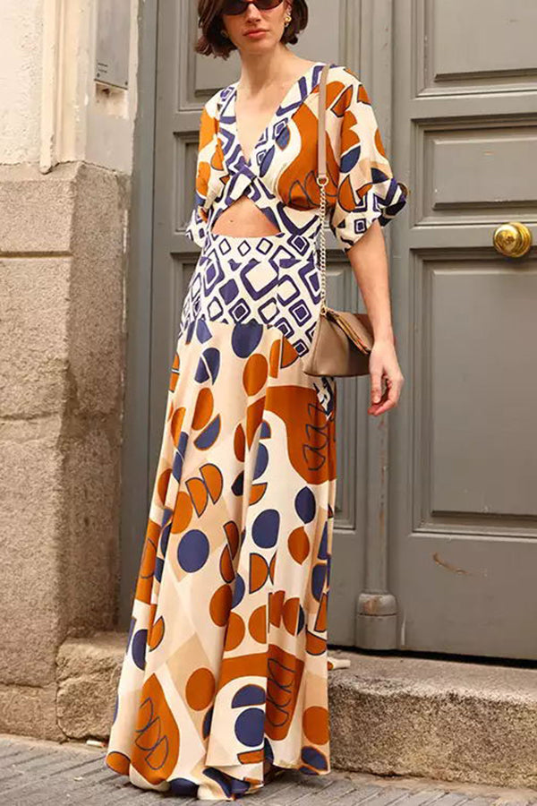 Geometric Unique Print Cutout Waist Wide Sleeve Maxi Dress