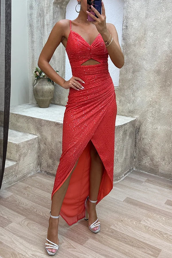 Luxury Sequin Cutout Ruched Slit Evening Maxi Dress