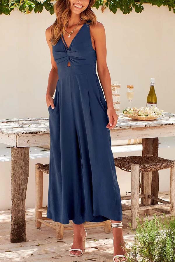 2023 SUMMER V NECK CUTOUT ADJUSTABLE STRAPS WIDE LEG JUMPSUITS