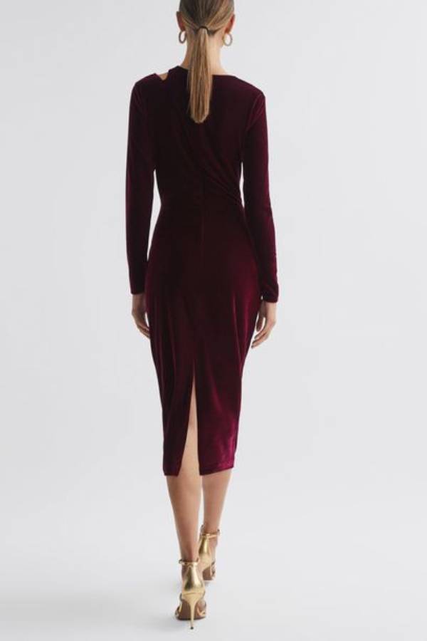 Perfect Party Velvet Cut Out Detail Long Sleeve Ruched Stretch Midi Dress