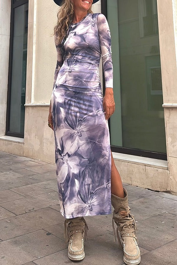 Delano Mesh Watercolor Print Long Sleeve Ruched Stretch Slit Midi Dress