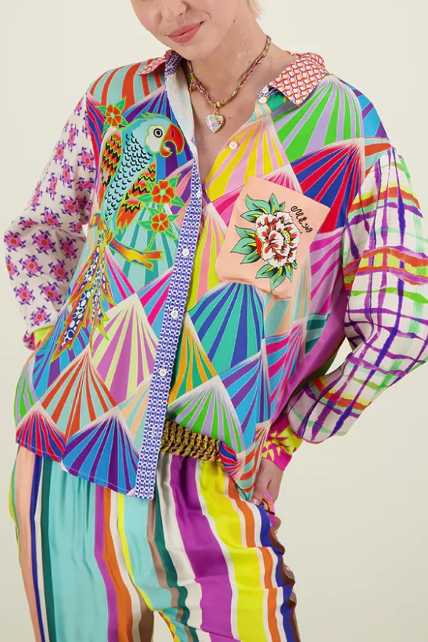 You Make Me Wonder Satin Colorful Unique Print Button Down Oversized Blouse