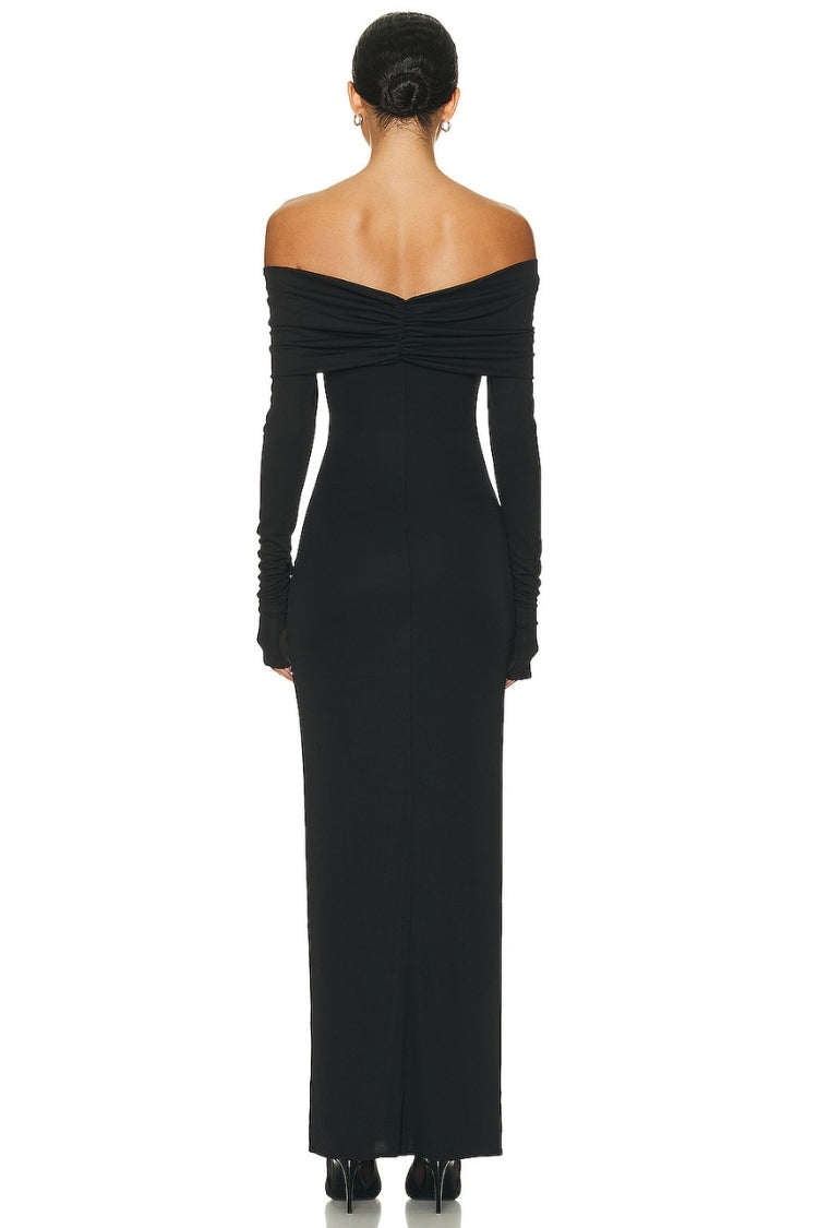 Long Sleeve Off-Shoulder Bandeau Shirred Maxi Dress