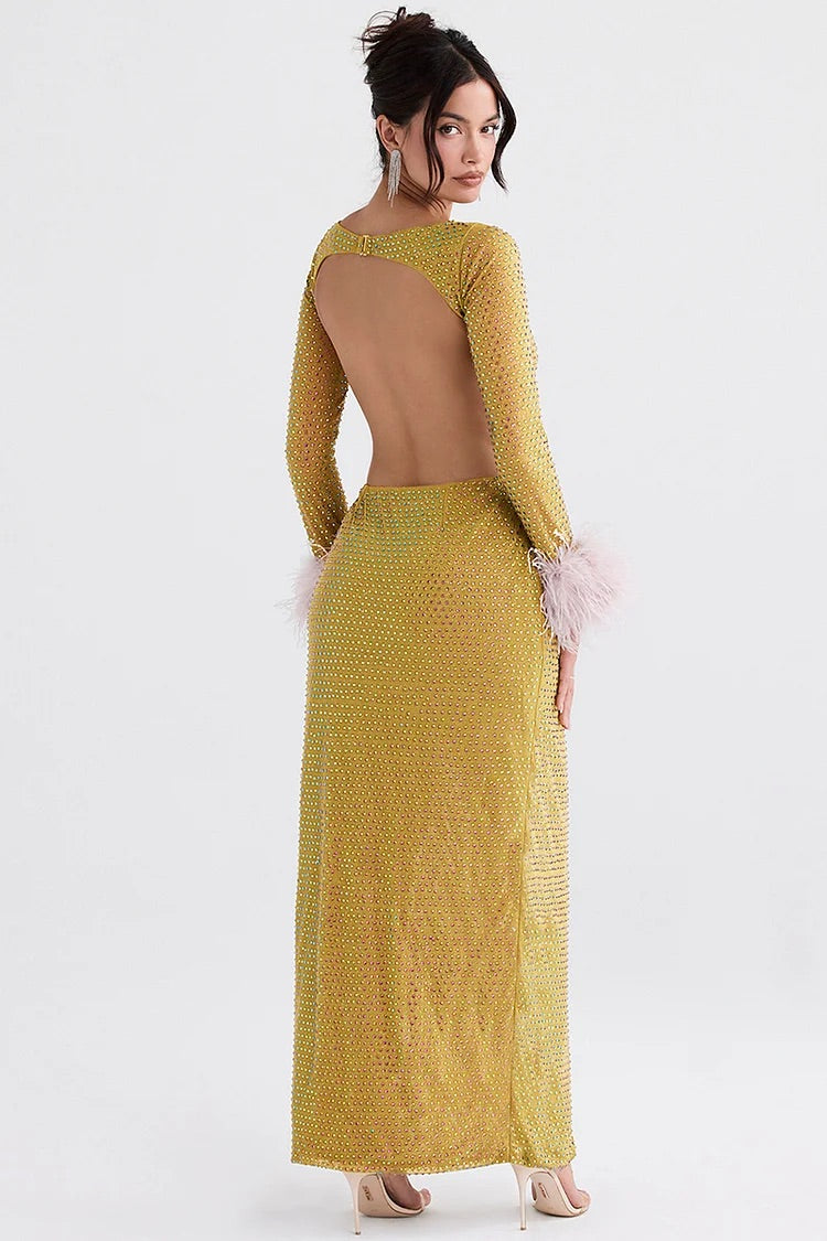 Sequins Backless Cutout Feather Cuff Slit Party Maxi Dresses