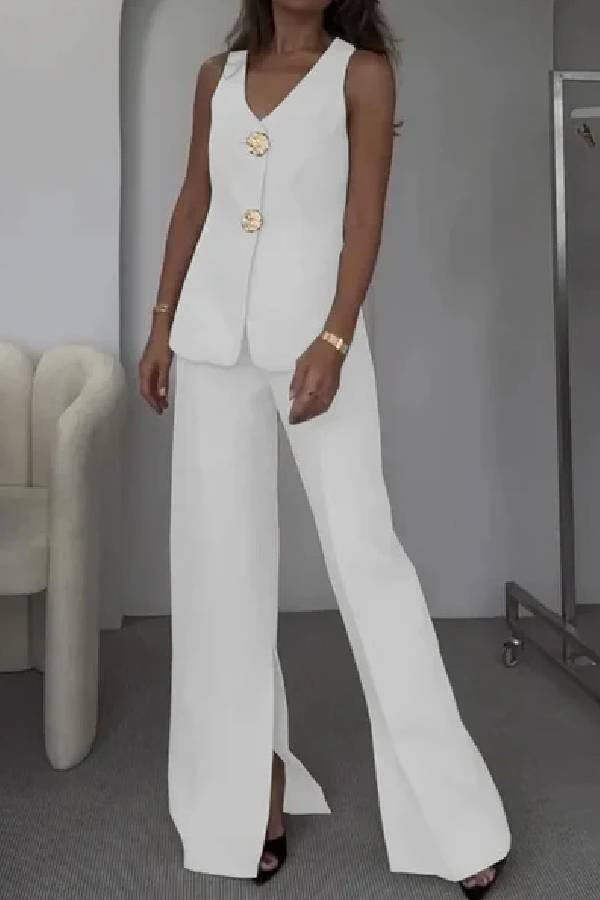 Solid Color Elegant Sleeveless Vest & Suit Pants Two-Piece Set