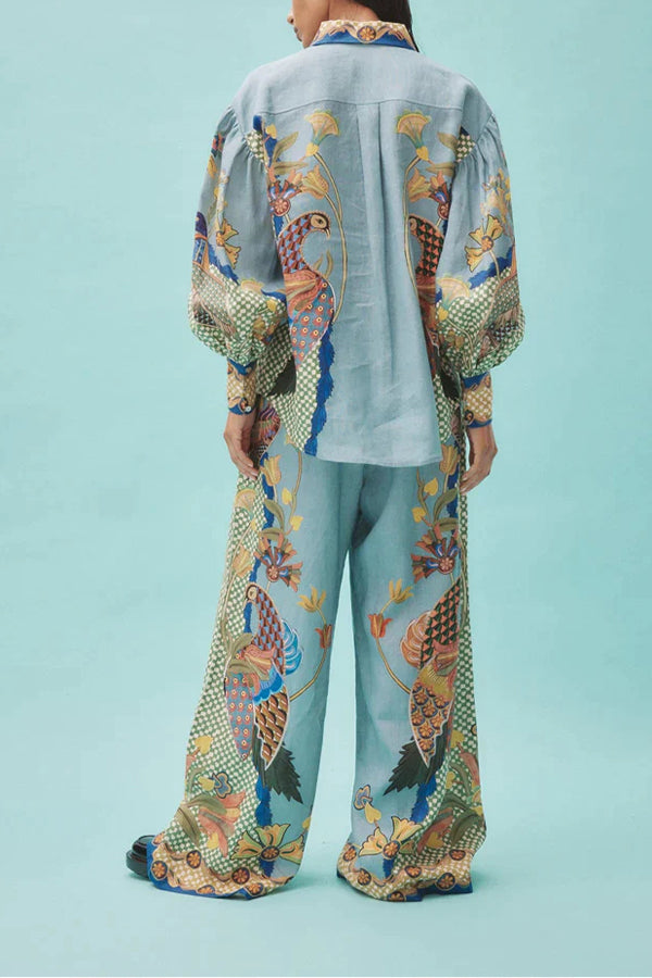 SUN SEEKING UNIQUE HEAVEN BIRD PRINT BALLOON SLEEVE BUTTON LOOSE SHIRT