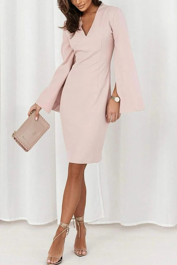 Solid Color V-neck Slit Long-sleeved Slim Mini Dress