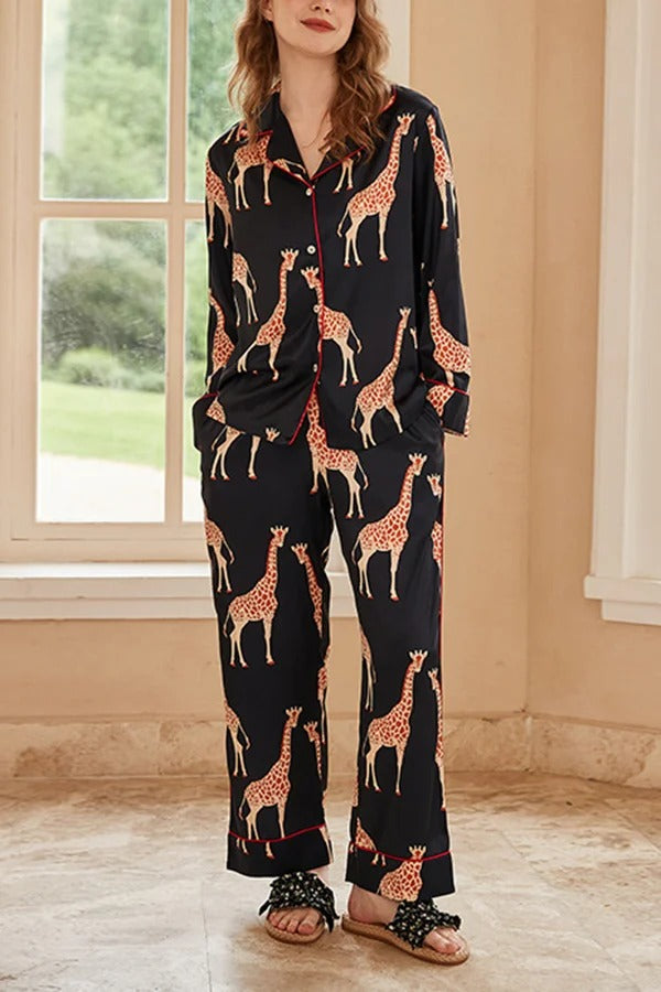 Giraffe Print Home Long-sleeved Two-piece Set