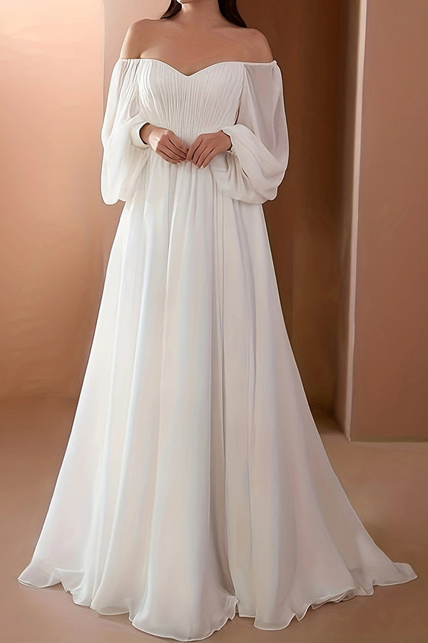 One-line collar plus size solid color long dress