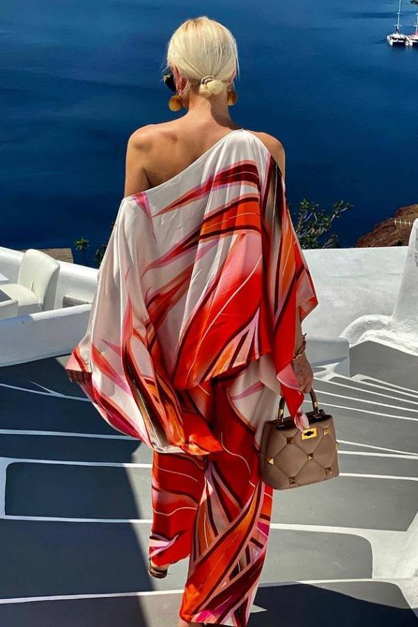 Island Girl Satin Printed Loose Slit Sleeve One Shoulder Top and Elastic Waist Pants Set