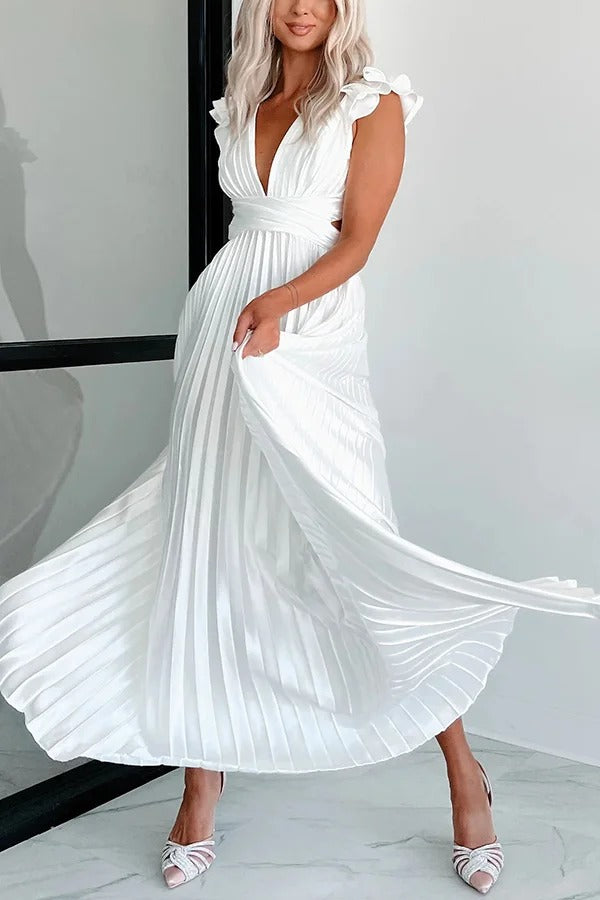 Opulent Occasion Satin Pleated Ruffle Sleeve Back Lace-up Maxi Dress