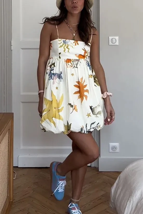 Sweet Print Mini Dresses Fashion Loose Sleeveless Backless Dress