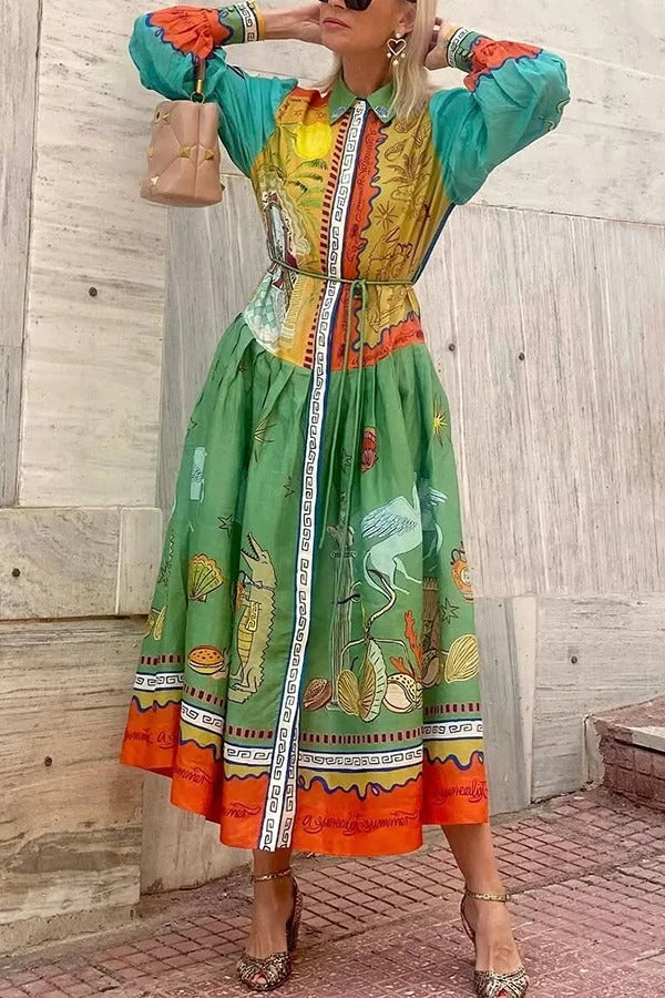 Puts A Smile – Midikleid mit einzigartigem Print, Revers und Laternenärmeln sowie Taillenschnürung