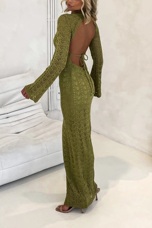 Avie Knit Textured Fabric Backless Tie-up Long Sleeve Stretch Maxi Dress