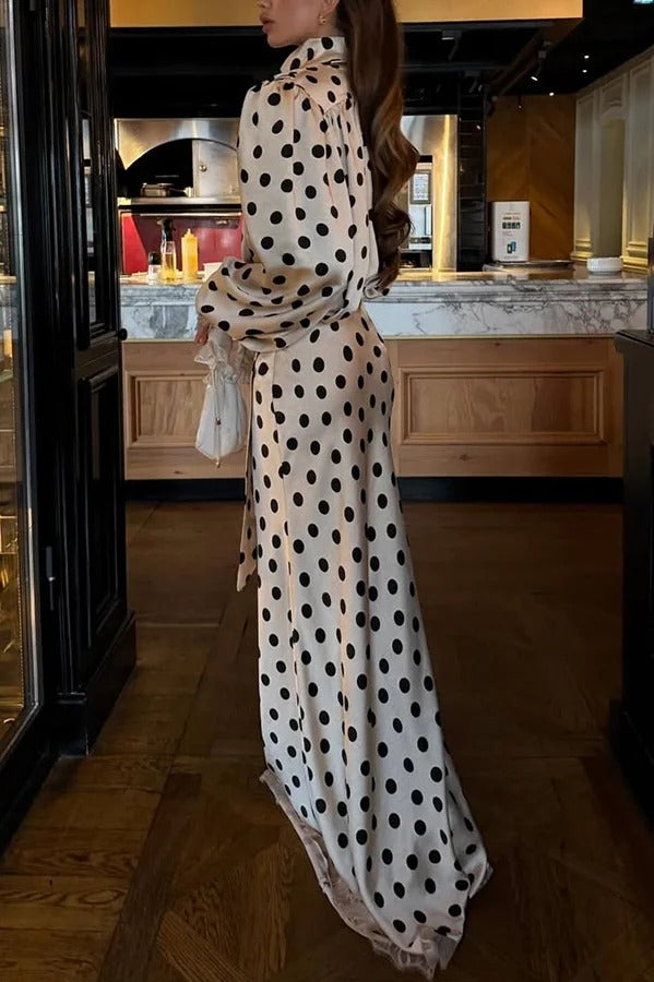 Chrissa Satin Polka Dot Print Lace Trim High Rise Flare Drape Maxi Skirt
