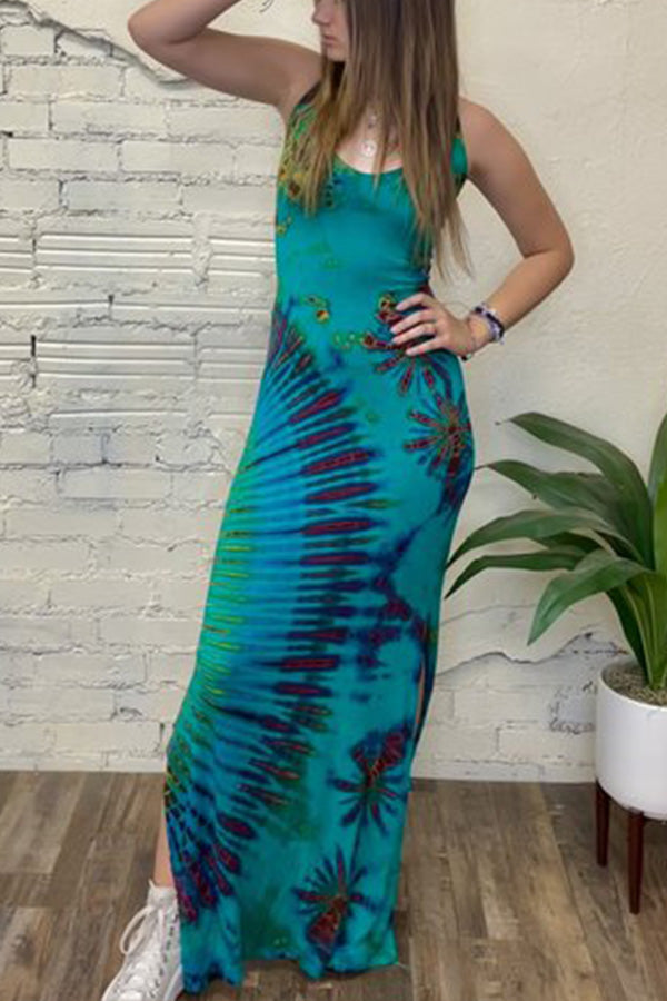 Tuscan Vibes Tie-dye Print Back Lace-up Slit Stretch Maxi Dress