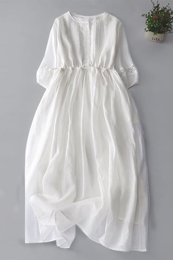 Thin Round Neck Lace Up Waist Embroidered Cotton Linen Dress