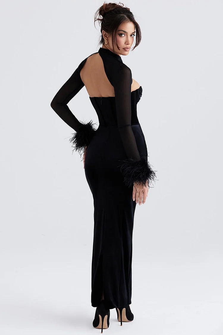 Irregular Feather Cuff Mesh Sleeve Velvet Corset Gown Prom Maxi Dresses