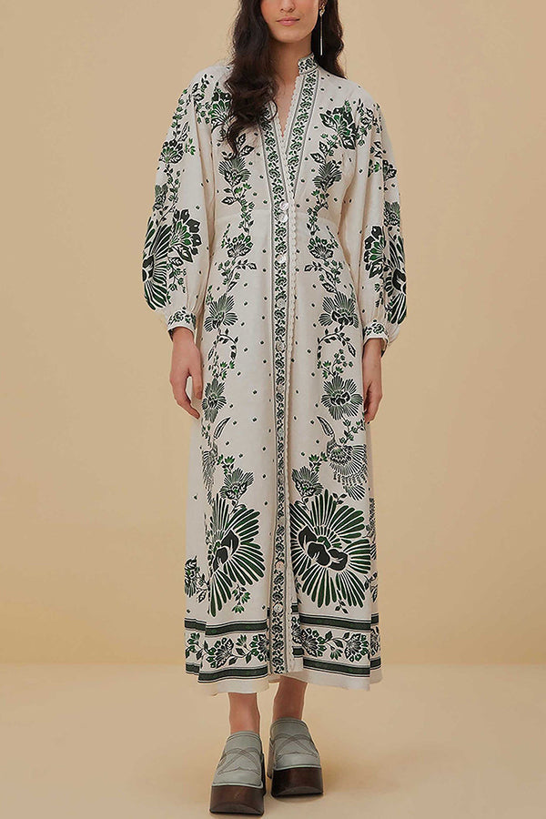 Unique Print Button Down Long Sleeve Shirt Maxi Dress