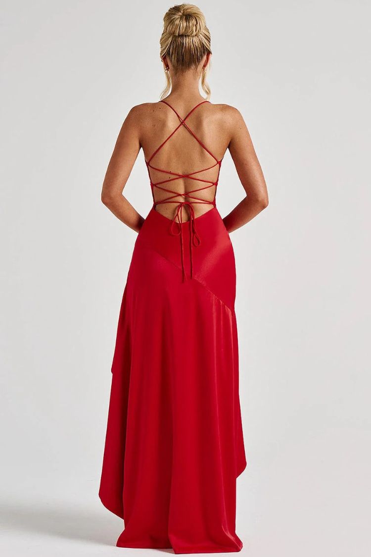 Robe longue Samira en satin avec lacets dans le dos et volants fendus