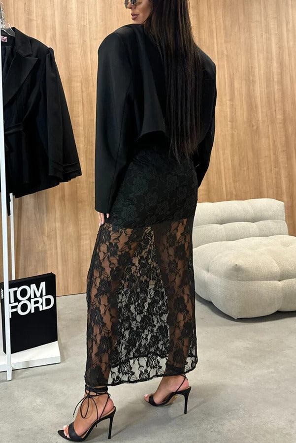 Evening Plans Floral Lace High Rise Stretch Maxi Skirt