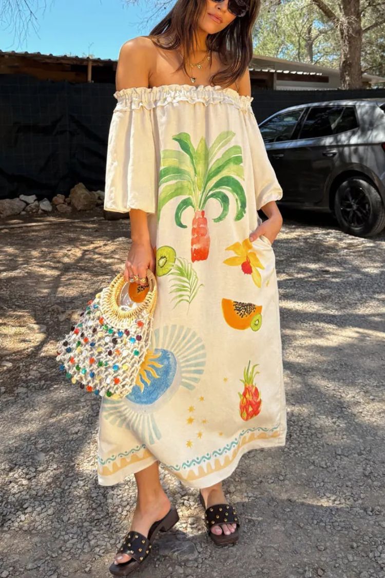 Sunveil – Trägerloses Maxikleid aus Leinenmischung mit einzigartigem Druck, Puffärmeln und Tasche