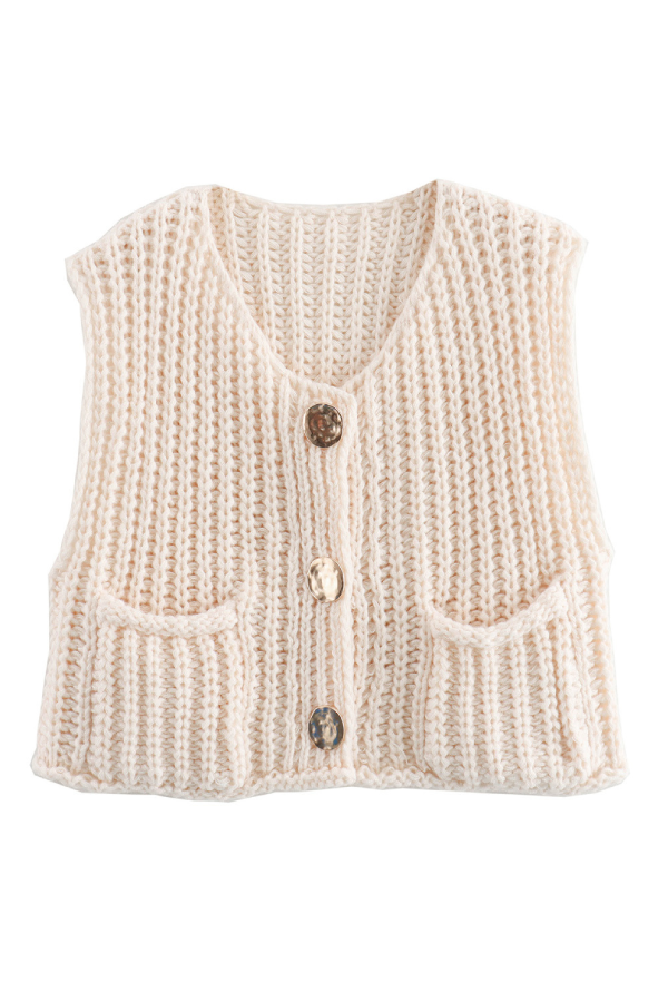 Pocket Sleeveless Cropped Knitted Cardigan Vest