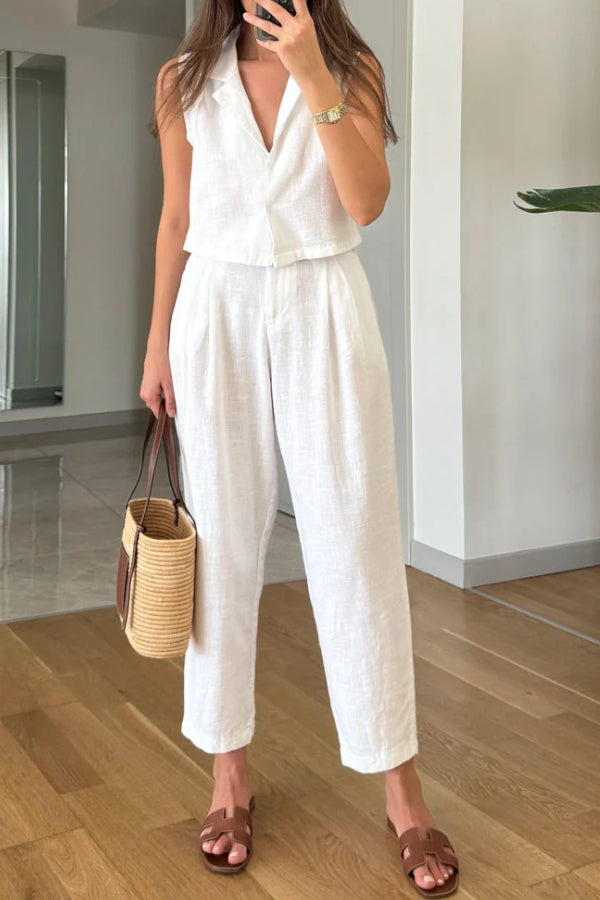 Casual Solid Lapel Vest & Pants Cotton Linen Two-piece Set