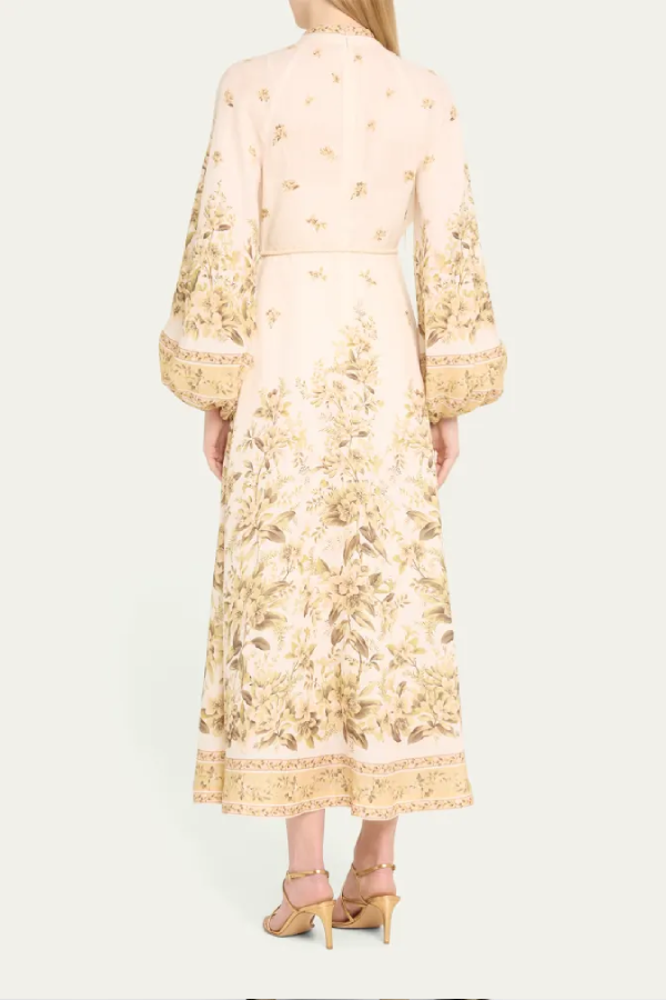 Golden Floral Long Sleeve Buttoned Linen Dress