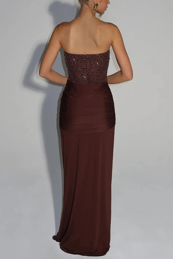 Carina Sequined and Satin Jersey Off Shoulder Ruched Knot Drape Maxi Dress